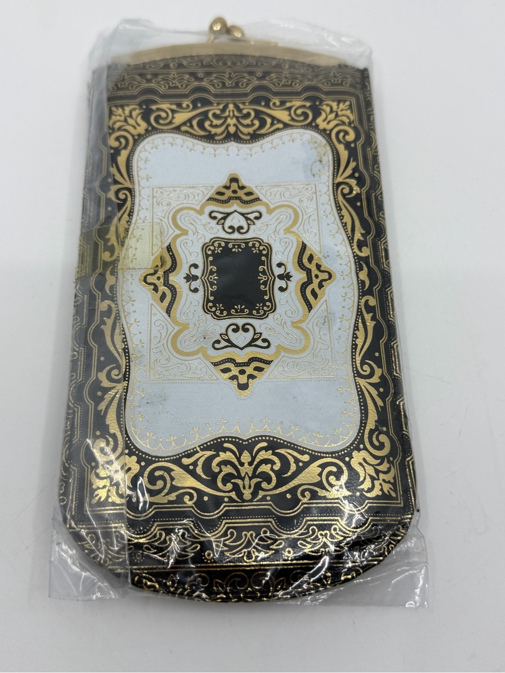NOS Ornate Black & Gold Decorative eyeglass Pouch leather Italy